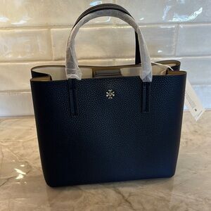 Tory Burch Black and Blue Structured Tote